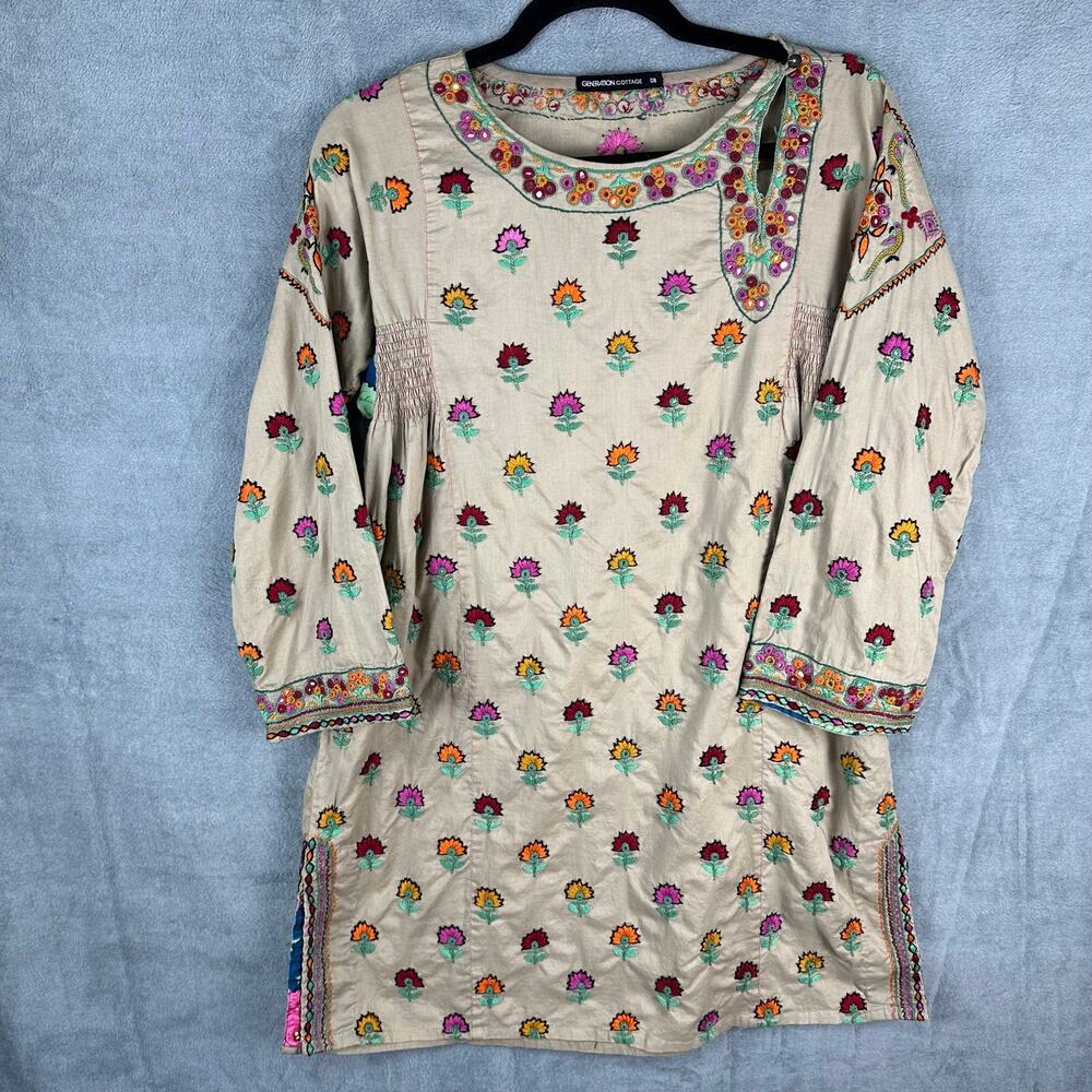 Generation Cottage Tunic Top Womens 8 Tan Embroidered Floral Smocked Modest Boho